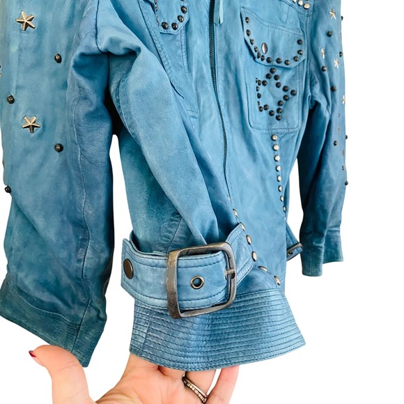 Double D Ranch RARE Turquoise Studded Star Accent Genuine Leather Cropped Jacket - Picture 7 of 10